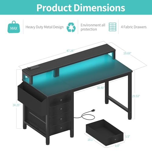 Gaming Desk with LED Lights and Power Outlets, 47 Inch Computer Desk with Fabric Drawers U2584