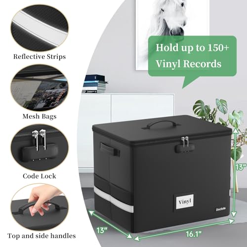 Vinyl Record Storage Box with Lock, Fireproof & Water Resistant, Holds 100+ 12-Inch Records H505
