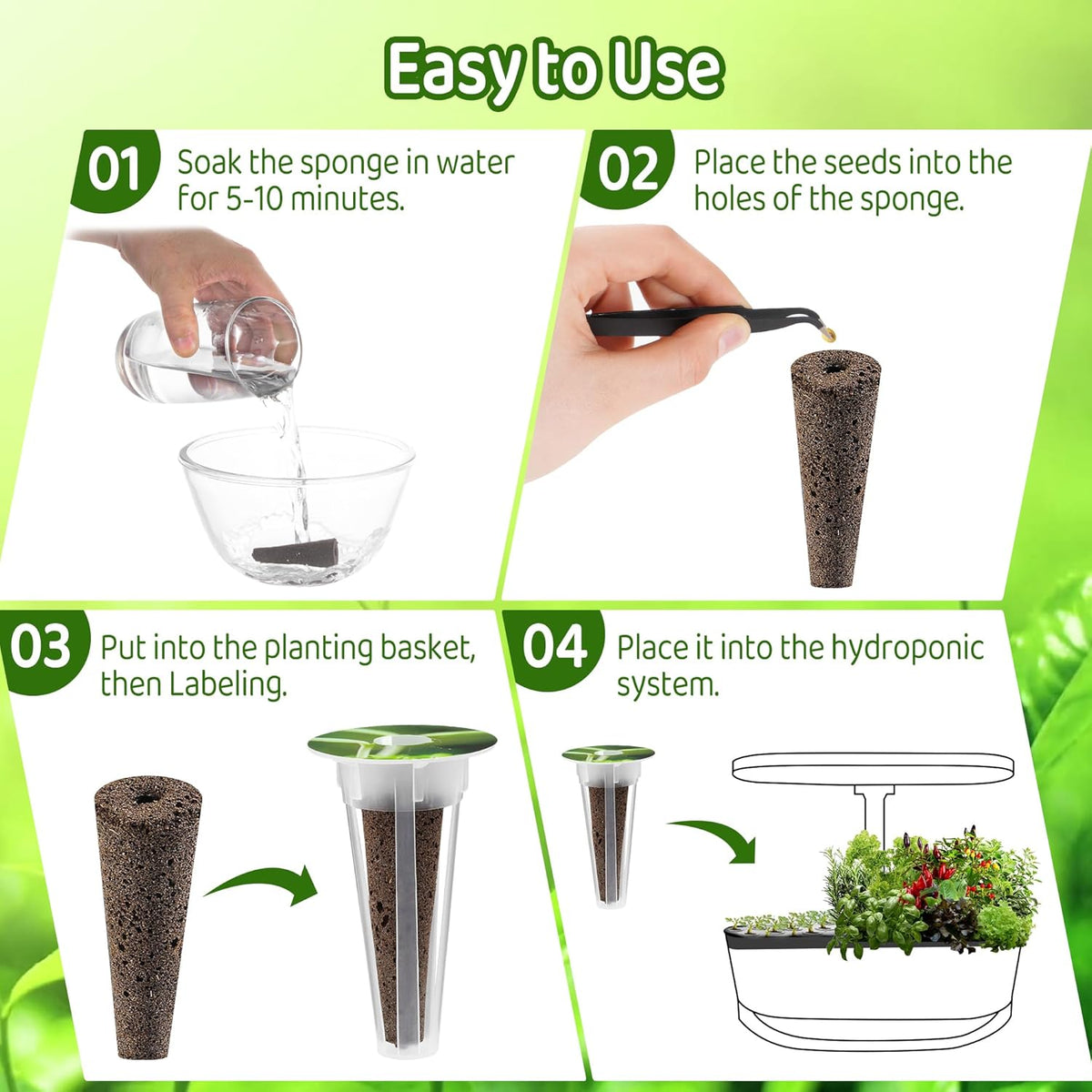 Seed Starter Pods Kit with Grow Sponges, Labels, Tweezers & Tags for Hydroponics Systems W3017