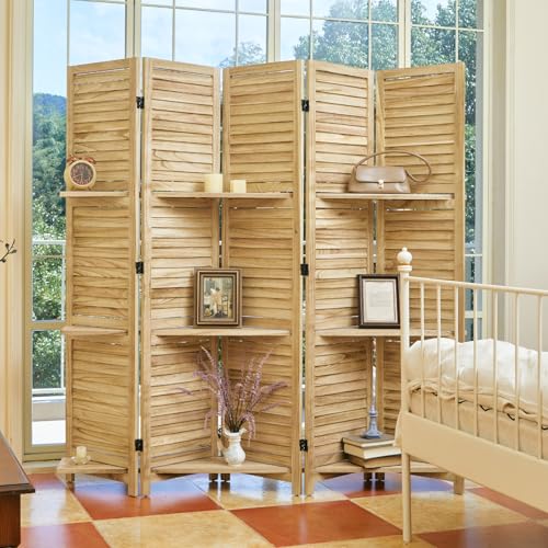 Folding Room Divider with Shelves, 6 Panels, Brown D785582
