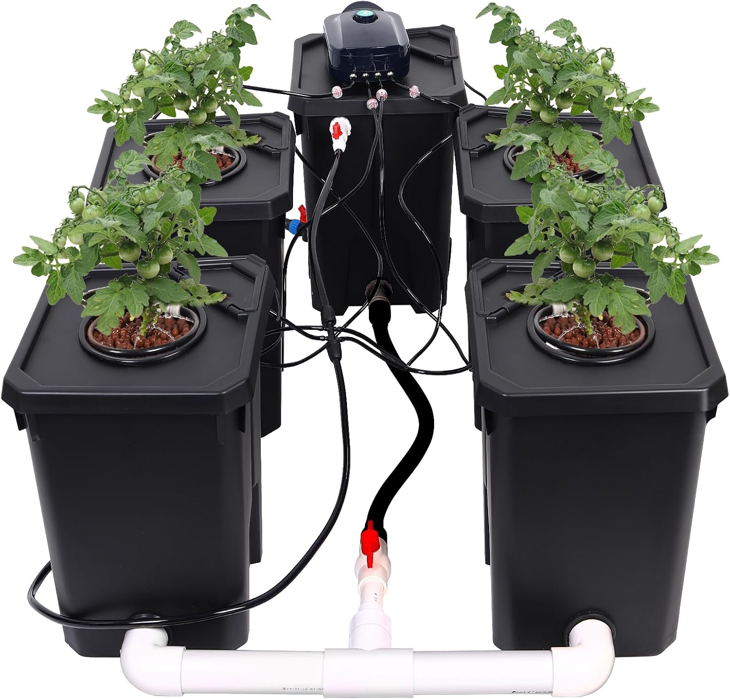 RDWC Hydroponics Grow System 4 Site + Reservoir, 7-Gallon Top Drip Recirculating Deep Water Culture Hydroponic Bucket System, Hydroponics Growing System Kit with Water Pump, Air Pump