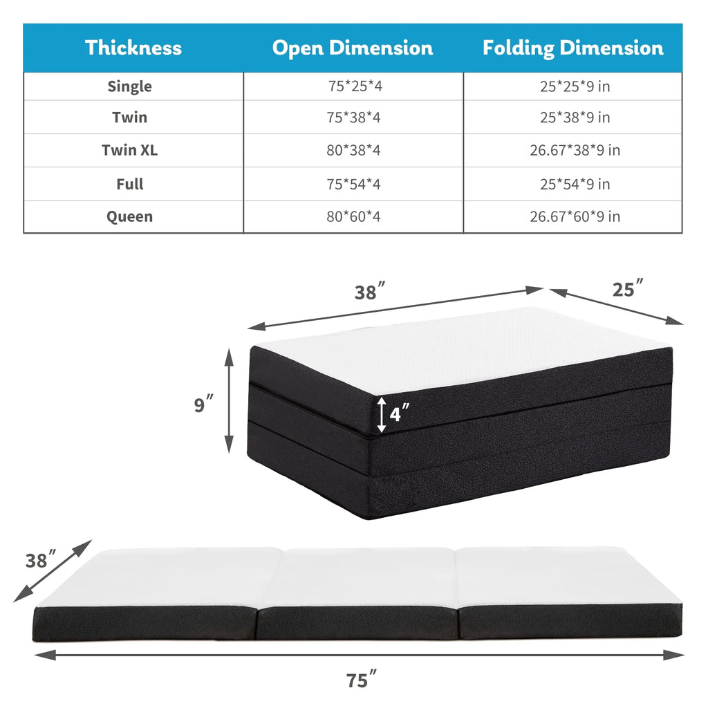 Tri Folding Memory Foam Mattress with Breathable Cover for Camping Travel A48359