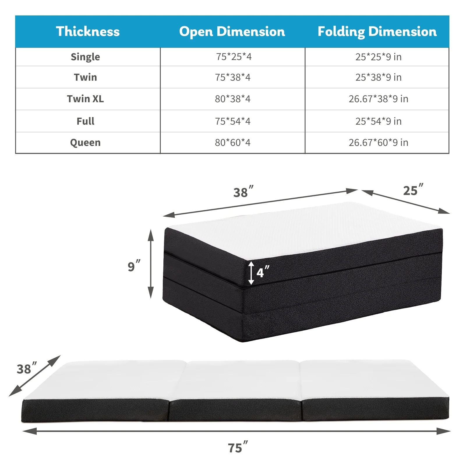 Tri Folding Memory Foam Mattress with Breathable Cover for Camping Travel A48359