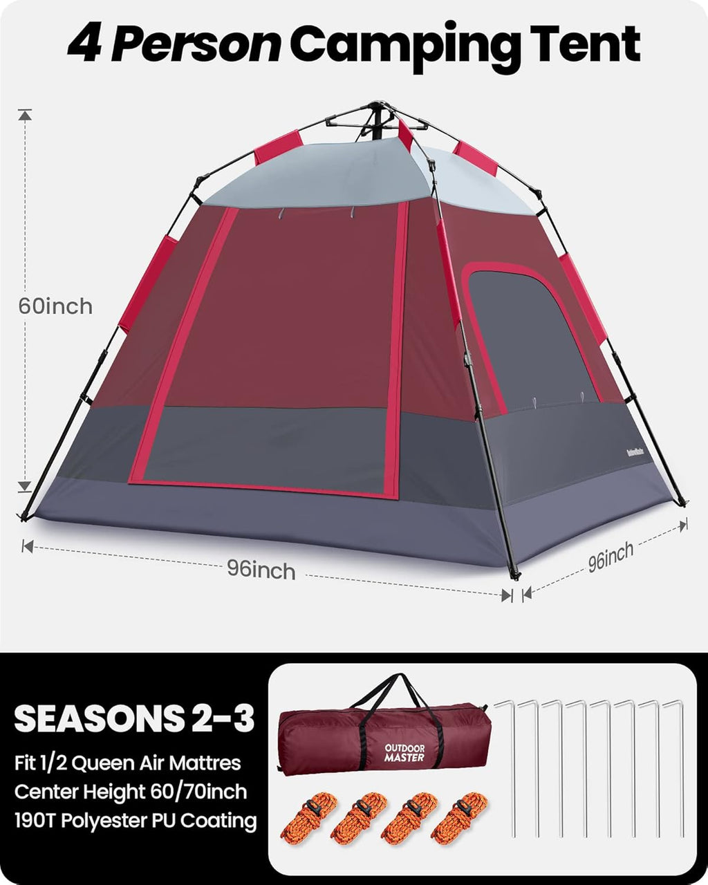 4/6 Person Instant Camping Tent with Dark Space Technology, Weatherproof Pop Up Cabin Tent M456