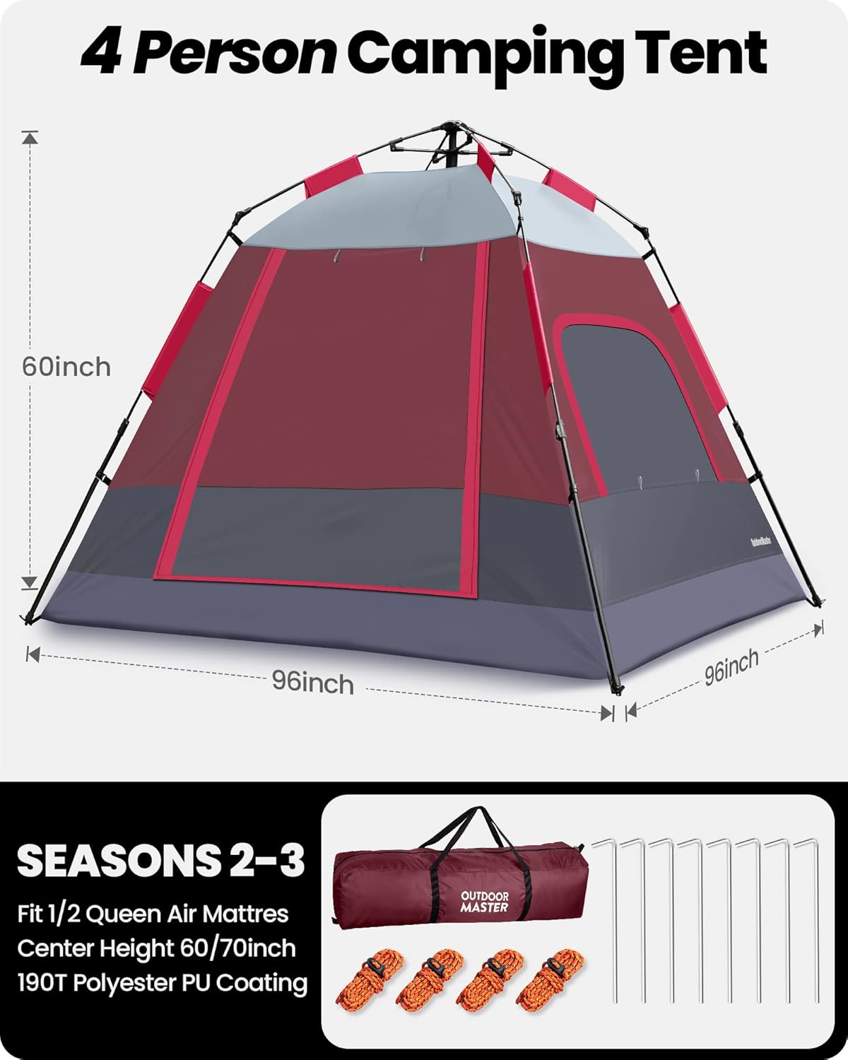 4/6 Person Instant Camping Tent with Dark Space Technology, Weatherproof Pop Up Cabin Tent M456