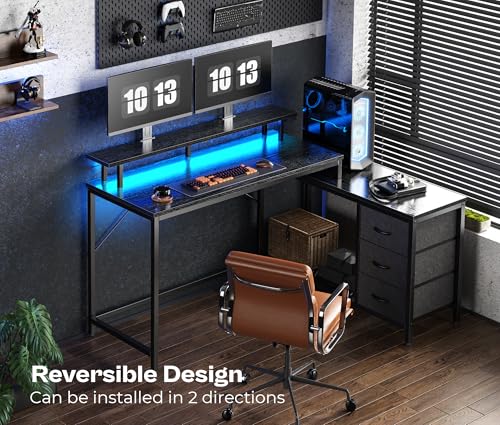 L Shaped Computer Desk with Drawers, LED Lights and Power Outlets O9269