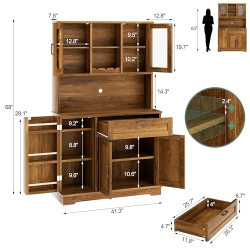 Freestanding Kitchen Pantry Cabinet with Microwave Stand, 4 Doors, Adjustable Shelves and Wine Rack C21265