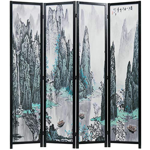 4-Panel Folding Bamboo Room Divider with Cherry Blossom Scene B61114