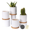 4 Inch Ceramic Plant Pots with Drainage Holes and Saucers, Modern Small Minimalist Flower Planter Pot with Bamboo Saucers for Indoor Plants, Succulent, Snake Plants, Cactus & Herbs, White , Set of 4