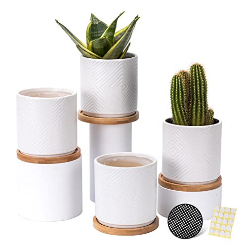 4 Inch Ceramic Plant Pots with Drainage Holes and Saucers, Modern Small Minimalist Flower Planter Pot with Bamboo Saucers for Indoor Plants, Succulent, Snake Plants, Cactus & Herbs, White , Set of 4