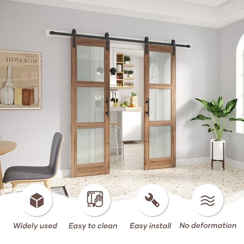 Double 18 x 84 inch Glass Barn Door with Hardware Kit & Handle Included, 3-Panel Frosted Glass, Need Assembly S404