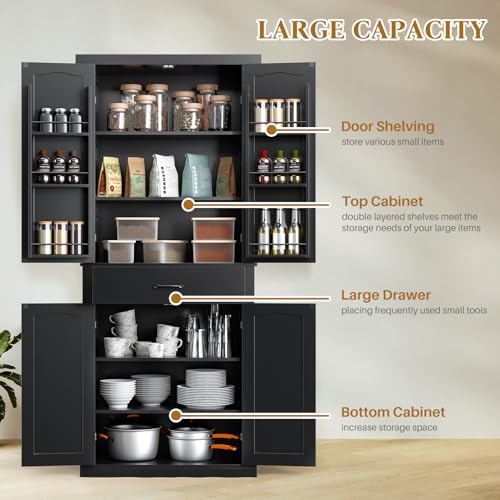 Kitchen Pantry Cabinet with 4 Doors and 1 Drawer, Freestanding Storage Cupboard L190261