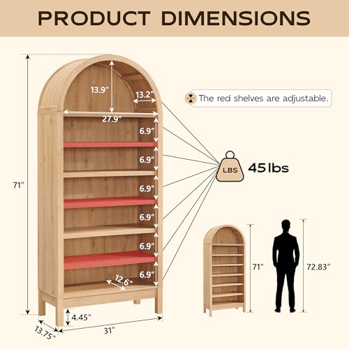 Arched Bookshelf, 7-Tier Bookcase with Adjustable Shelves A456