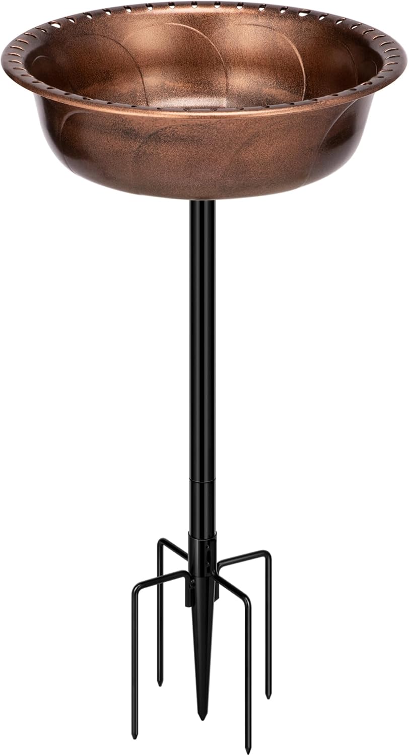 Polyresin Bird Bath with Metal Stake, 29 Inch Outdoor Freestanding Birdfeeder F405