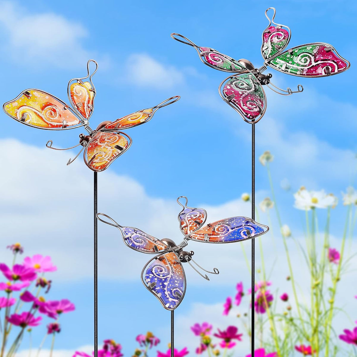 Juegoal Set of 3 Butterfly Garden Stakes Decor, 30 Inch Colorful Butterflies Stake, Glass & Metal Yard Art Ornaments for Mom, Mothers Day Ideal Gifts, Outdoor Lawn Pathway Patio Plant Pot, Flower Bed