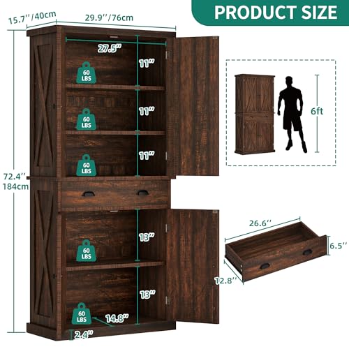 72" Tall Kitchen Pantry Cabinet with Barn Doors and Adjustable Shelves R388