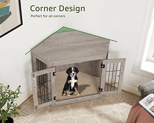 Wooden Dog Crate Corner End Table with Cushion for Indoor Use, Large G236961