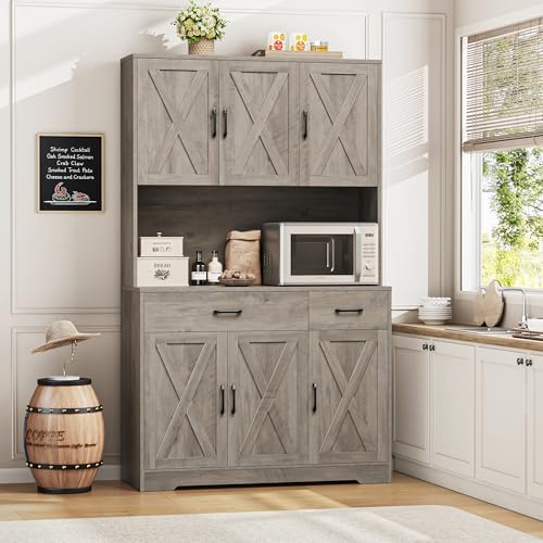 71" Tall Pantry Cabinet with Charging Station and Microwave Stand L63097