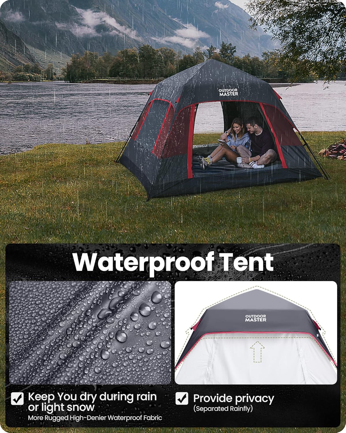 4/6 Person Instant Camping Tent with Dark Space Technology, Weatherproof Pop Up Cabin Tent M456