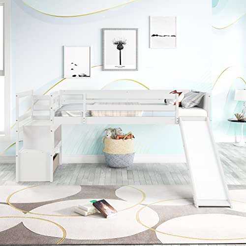 Wood House Loft Bed Frame with Slide and Storage Shelves Z806