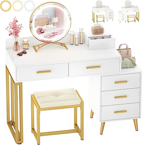 White Vanity Desk with Mirror and Lights, 6 Drawers and Stool Z334