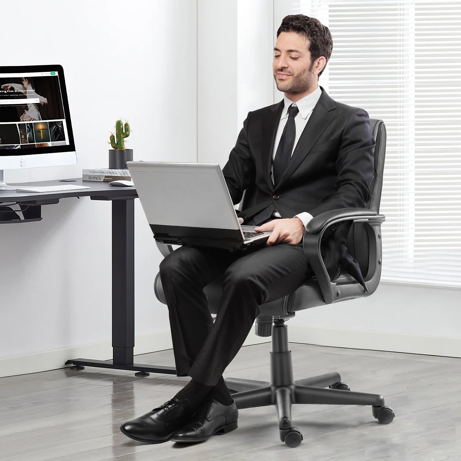 Mid Back Office Desk Chair with Padded Armrests PU Leather X421