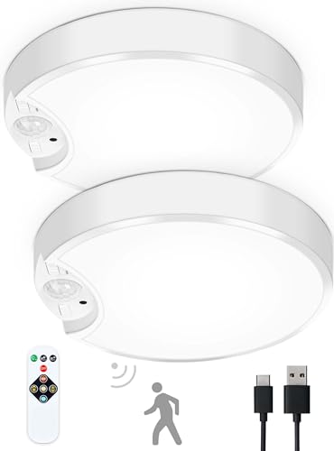 Motion Sensor Ceiling Light, 2 Pack Rechargeable Battery Powered LED Ceiling Light Indoor/Outdoor, 3-in-1 Color Temperatures, Closet Light for Bathroom Closet Stairs Porch Hallway Pantry Wall