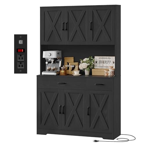 71" Tall Pantry Cabinet with Charging Station and Microwave Stand L63097