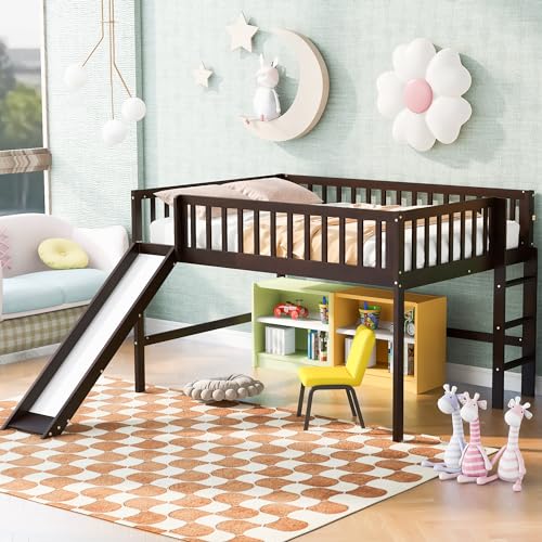 Wood House Loft Bed Frame with Slide and Storage Shelves Z806