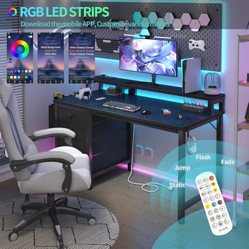 Gaming Desk with LED Lights and Power Outlets, 47 Inch Computer Desk with Fabric Drawers U2584