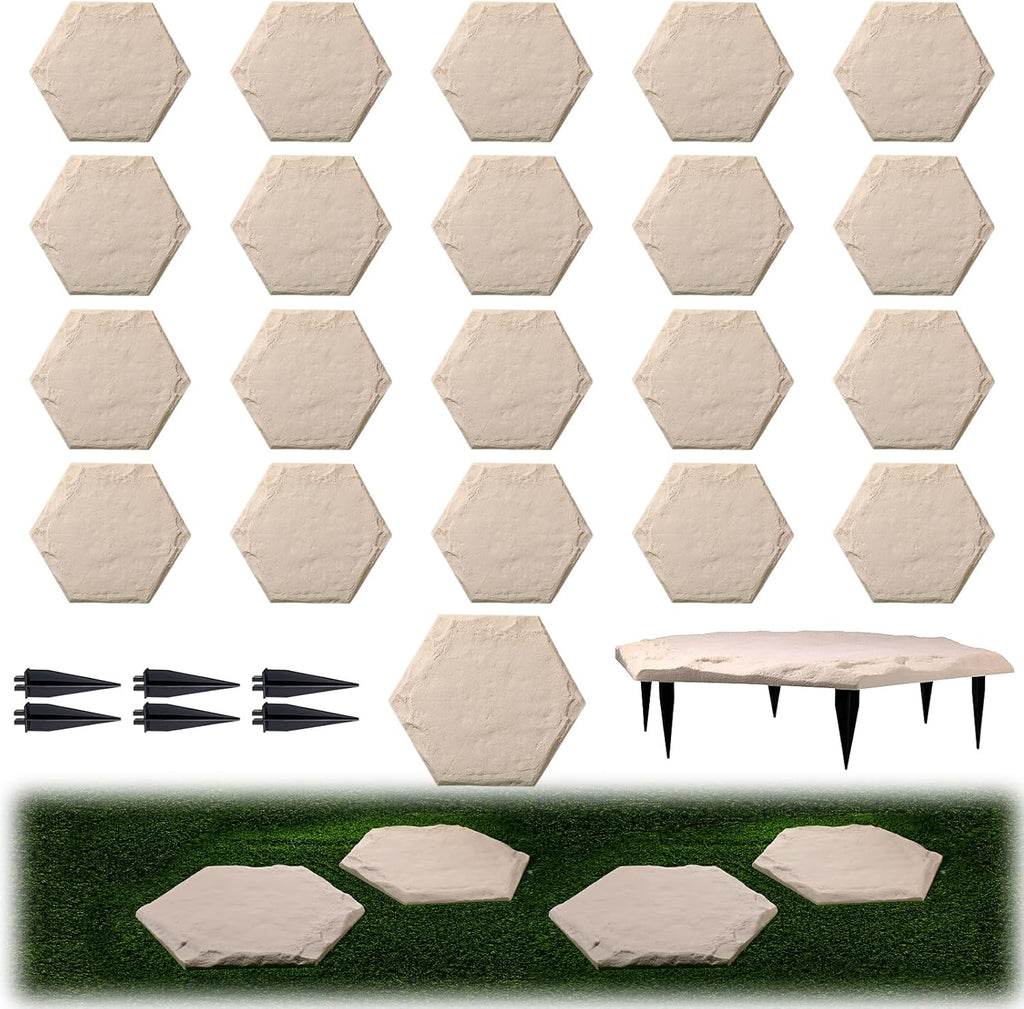 20 Packs 15.5 Inch Stepping Stones Outdoor with Ground Stakes Decorative Step Stones and Pavers Decorative Walkway for Outdoor Pathway Lawn Yard Garden Landscaping Resin Beige Limestone