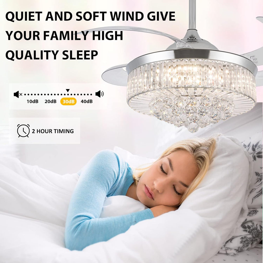 Crystal Ceiling Fan with Light, Dimmable LED Remote Control, Retractable Blades U2447
