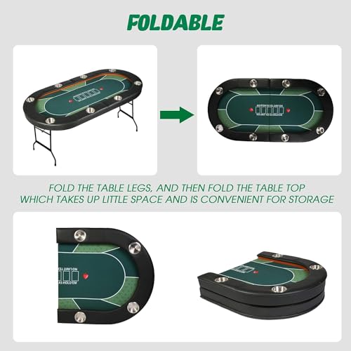 84" Foldable Poker Table with Chips Tray, 10 Player Oval, Green Felt U489