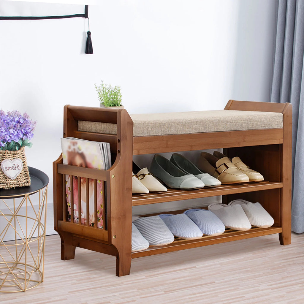 Bamboo 2 Tier Shoe Rack Bench with Soft Seat for Entryway M310