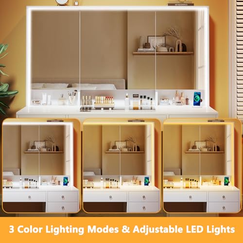 Vanity Desk with Mirror and Lights, 50" Makeup Vanity with Glass Top & Power Outlet F52929