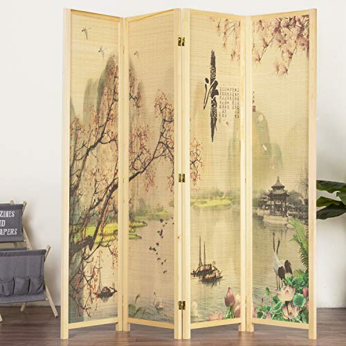 4-Panel Folding Bamboo Room Divider with Cherry Blossom Scene B61114