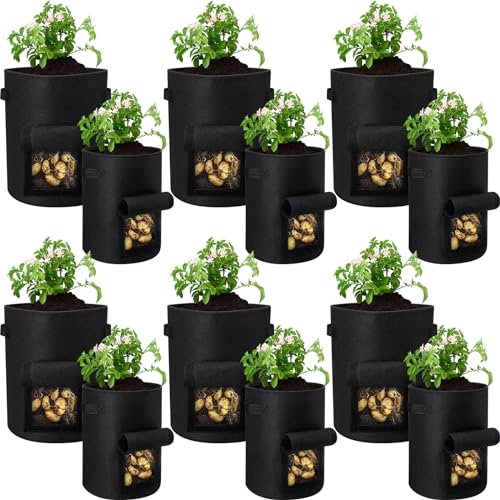 12 Pack Potato Grow Bags 10 Gallon 7 Gallon Garden Planting Bag with Flap Vegetable Grow Bags with Handles and Harvest Window Thickened Nonwoven Fabric Pots for Tomato Vegetable and Fruits (Black)