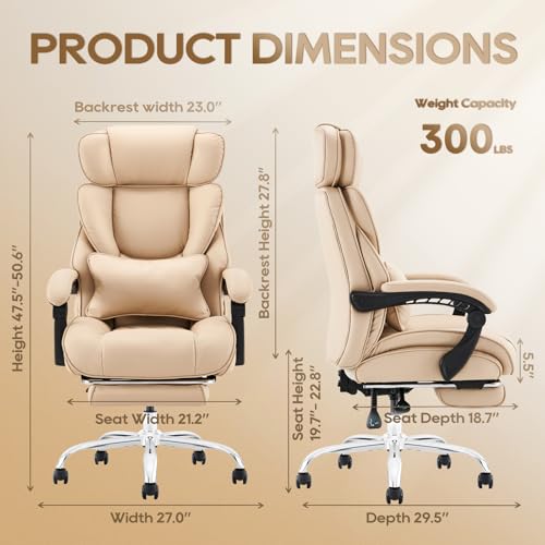 Big and Tall Office Chair Heavy Duty Leather Executive Desk Chair with Wide Seat and Adjustable Headrest R315