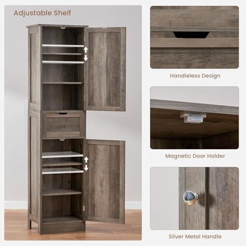 67" Tall Bathroom Cabinet with 2 Doors and 1 Drawer, Adjustable Shelves T930834