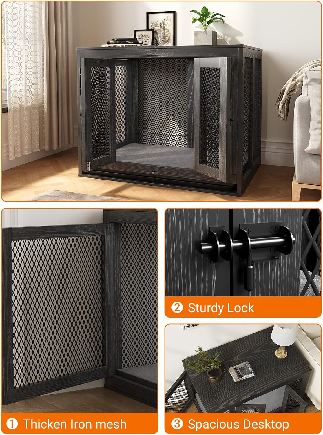 Wooden Dog Crate with Tray and Cushion, Double Doors Indoor Kennel for Small Medium Dogs T970