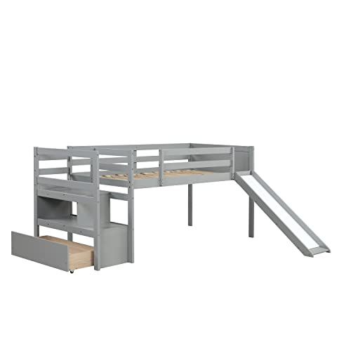 Wood House Loft Bed Frame with Slide and Storage Shelves Z806