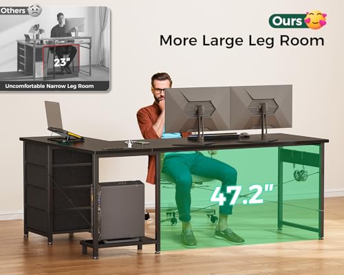 L Shaped Desk with 4 Tier Drawers, Power Outlets & USB, Corner Computer Desk with CPU Stand U4256