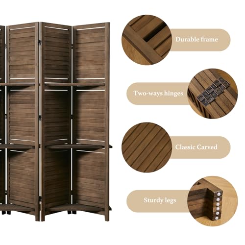 Folding Room Divider with Shelves, 6 Panels, Brown D785582