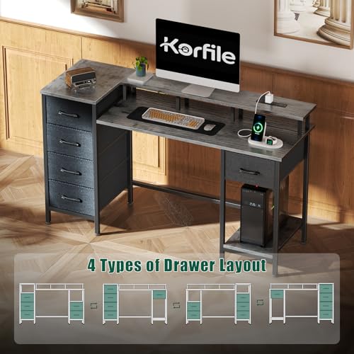 47 Inch Computer Gaming Desk with Power Outlets LED Lights and Storage Drawers I77165