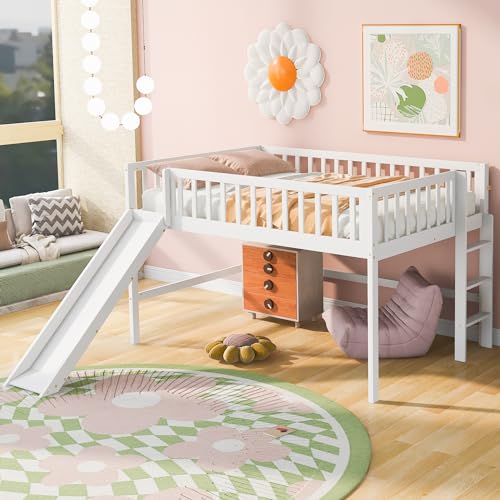 Wood House Loft Bed Frame with Slide and Storage Shelves Z806