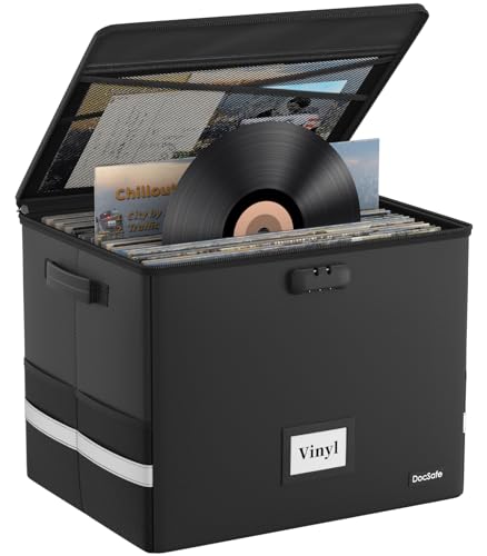 Vinyl Record Storage Box with Lock, Fireproof & Water Resistant, Holds 100+ 12-Inch Records H505