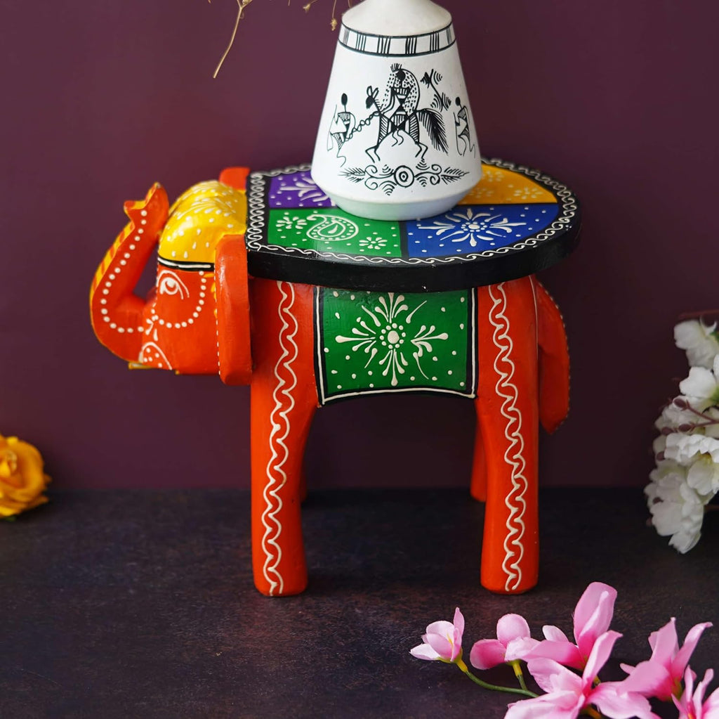 Handcrafted Painted Wooden Elephant Stool Table, Medium F6590