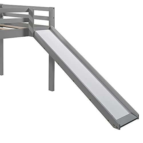 Wood House Loft Bed Frame with Slide and Storage Shelves Z806