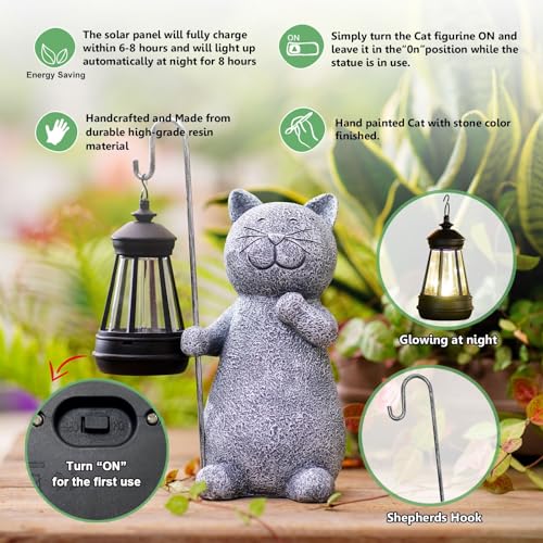 Solar Garden Cat Statue with Lantern for Patio Yard B489