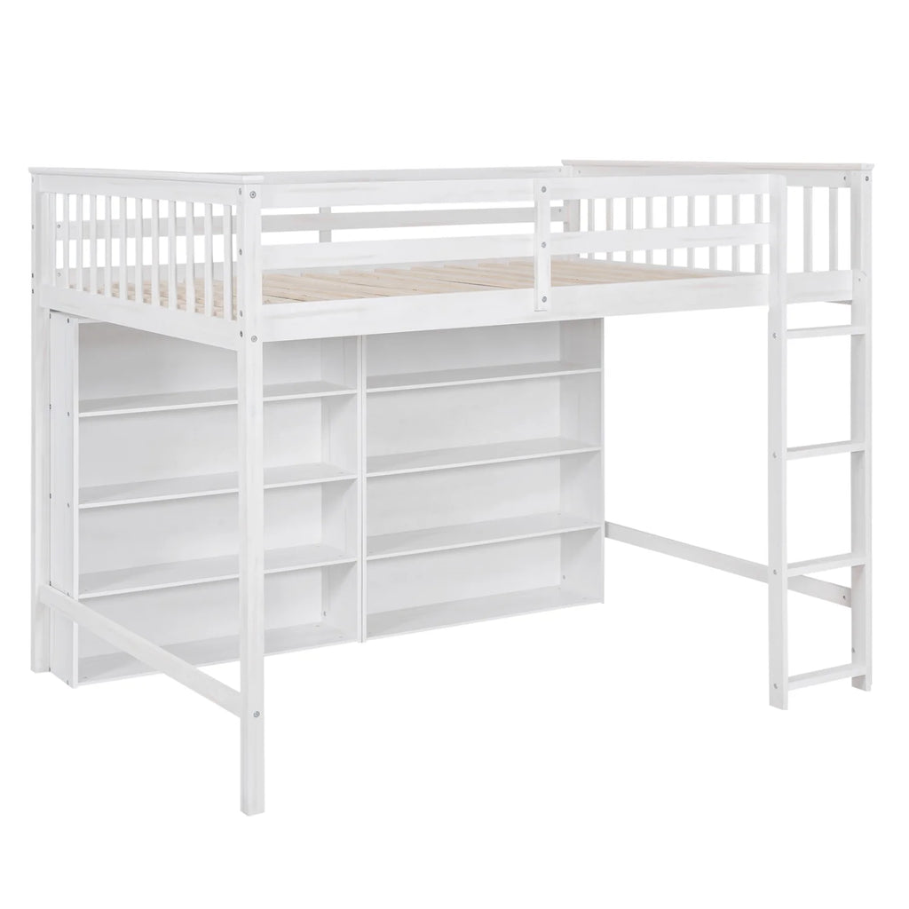 Wood Full Size Loft Bed with 8 Open Storage Shelves and Built-in Bookcase, White U209714